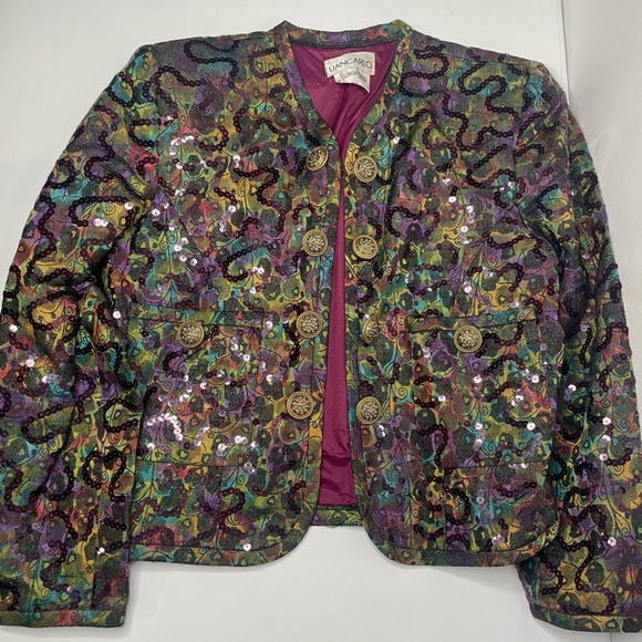 Lian Carlo Neiman Marcus Multicolor Sequin Fabric Detail Short Button Up Jacket - Picture 5 of 11
